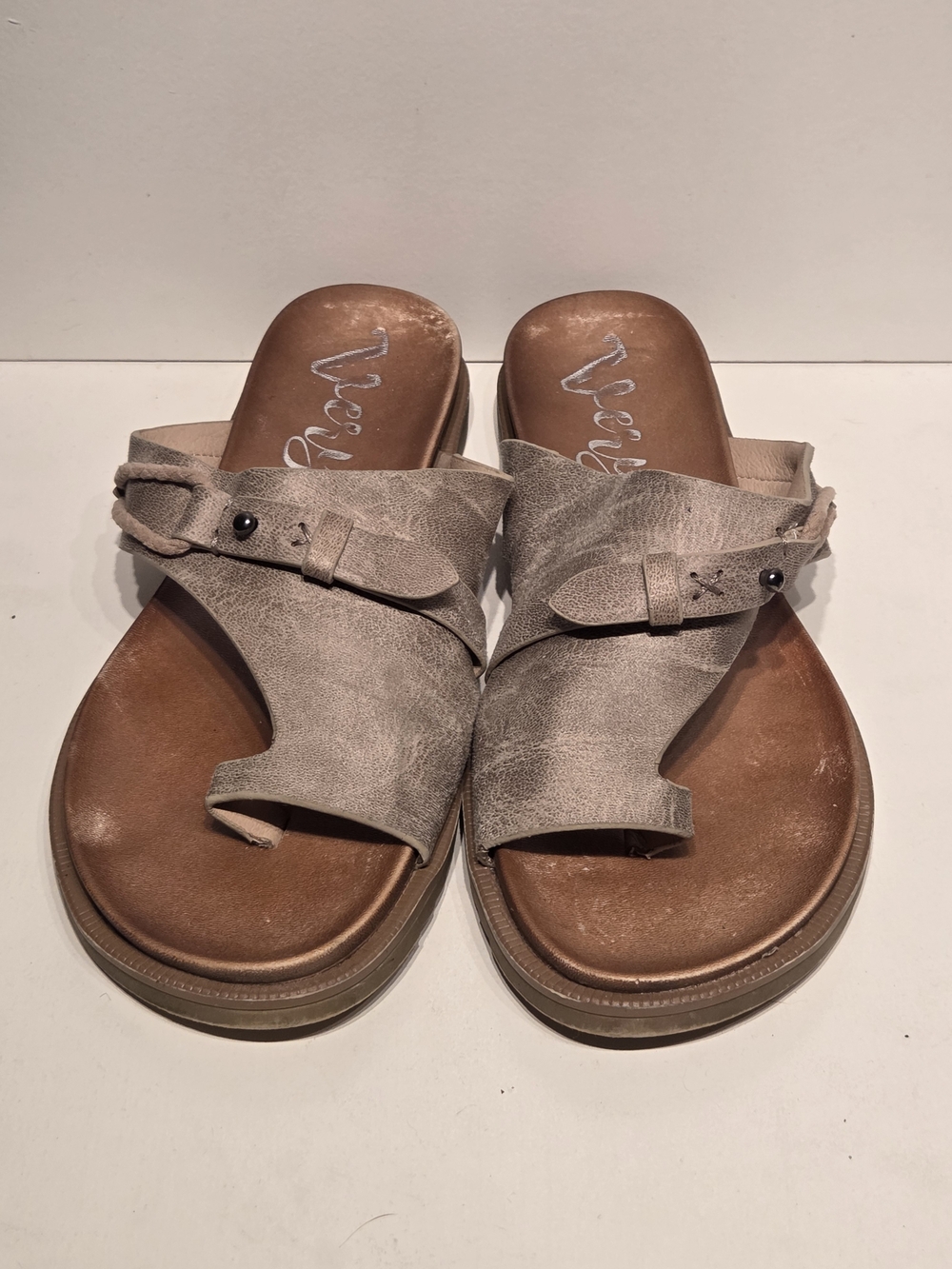 Very G Taupe Toe-Loop Buckle Slide Sandals
